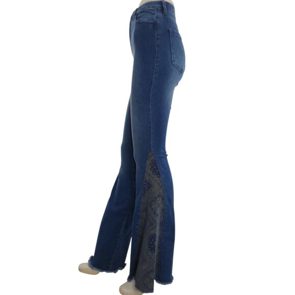 Altar'd State Retro Blue Denim High-Rise Contrast Panel Flare Bell Bottoms Sz 24 - Picture 3 of 8